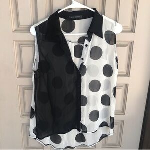 Love Culture Blouse Blk/Wht Polka Dot Sleeveless Collar Crepe Sheer SzL Buttons